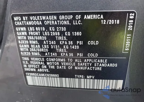 2019 Volkswagen Atlas 3.6L V6 Sel R-Line from USA, damaged, VIN 1V2RR2CA9KC52889